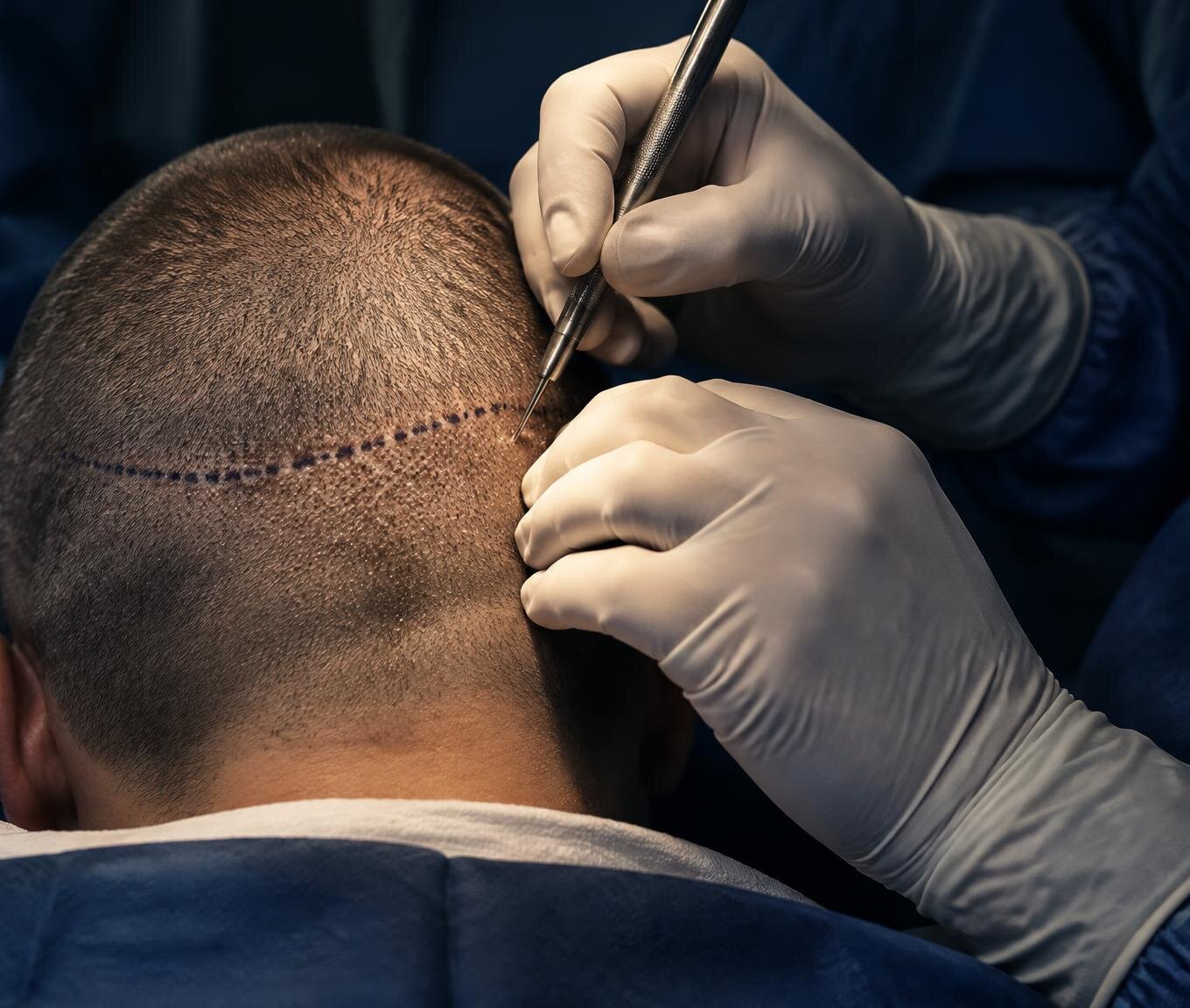 جراح يزرع الشعر بتقنية FUE وفق خط جبهة مرسوم بدقة